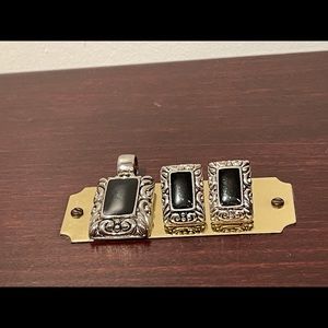 Sterling Silver Black gemstones Pendant and Earrings Set